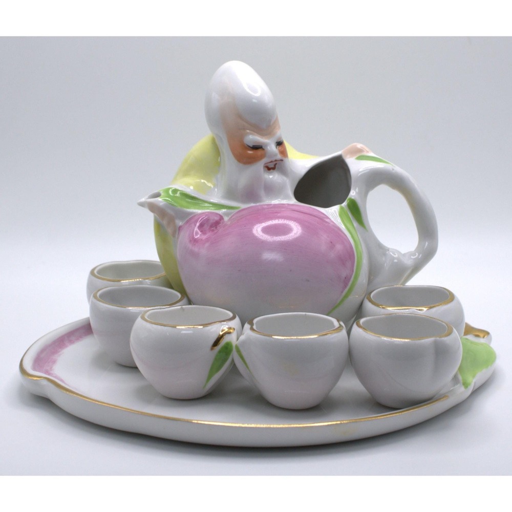 Vintage Chinese Longevity Peach Tea Set Shou Lao Immortal Teapot Six Cups & Tray